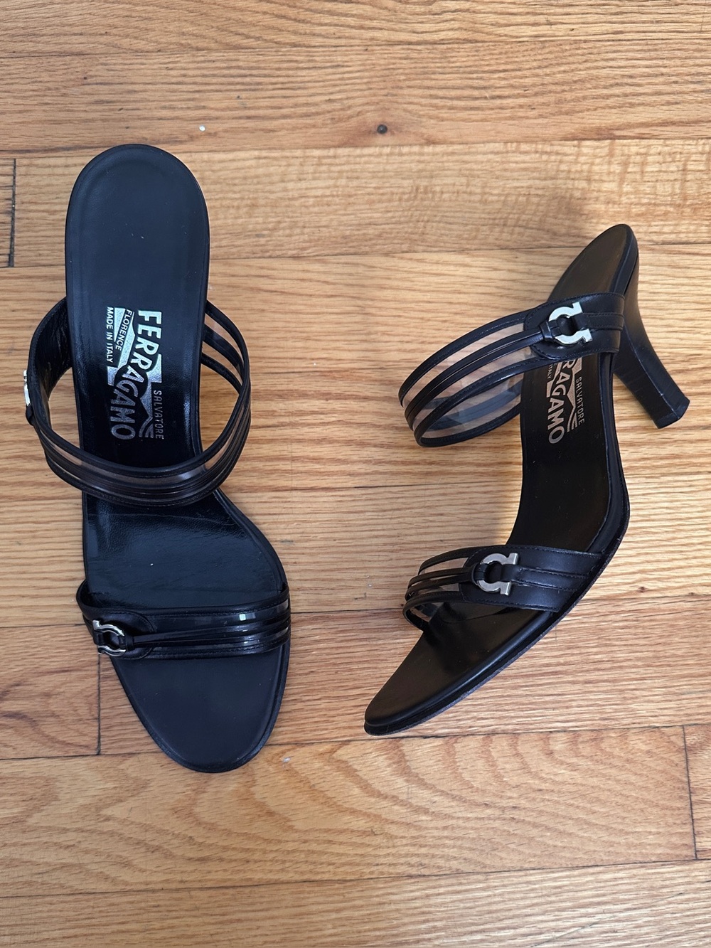 Ferragamo PVC Gancini Two-Strap Leather Heel Sandal Black Size 8.5